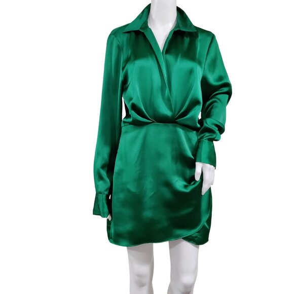 Zara Glamour Chic Collared Satin Effect Wrap Mini Dress Green Women's Medium - Picture 2 of 9